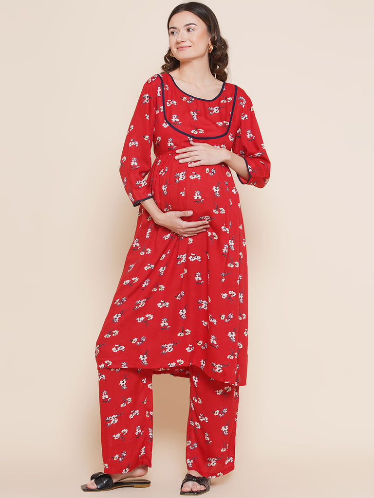 Women's Red Fit and Flare Rayon Maternity Kurta with Palazzo Set