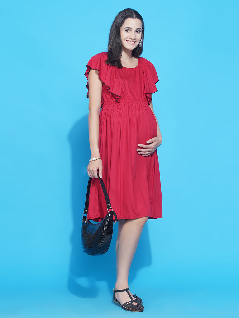 Women's Red Solid Ruffled Midi Maternity & Nursing dress