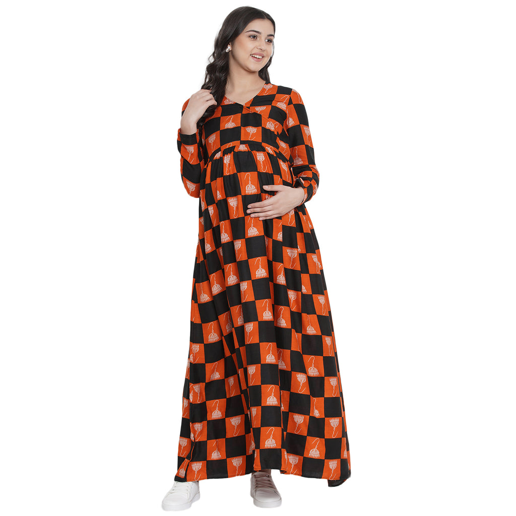 Side Knot by mine4nine Women's Maternity  Orange A Line Sustainable Rayon Self Print maternity Maxi Dress