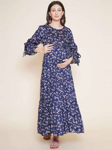 Mine4Nine Women's Navy Blue Floral Maxi Rayon Maternity and Nursing Dress
