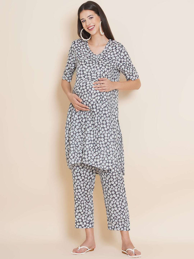 Women's Grey straight Rayon Maternity Kurta with Pajama Set