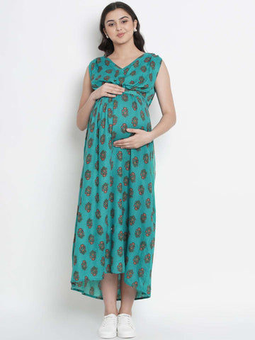 Side Knot by mine4nine Women's Maternity Green Floral Print Sustainable Rayon Maxi Dress