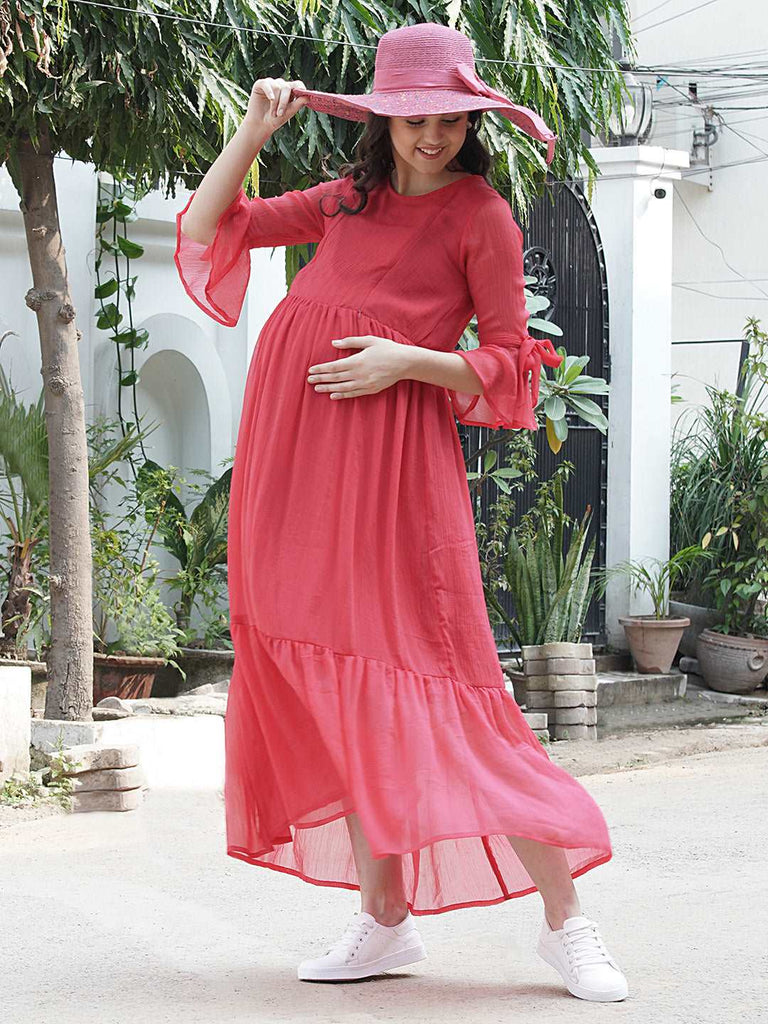 Women's Pink Maxi Chiffon Maternity Dress