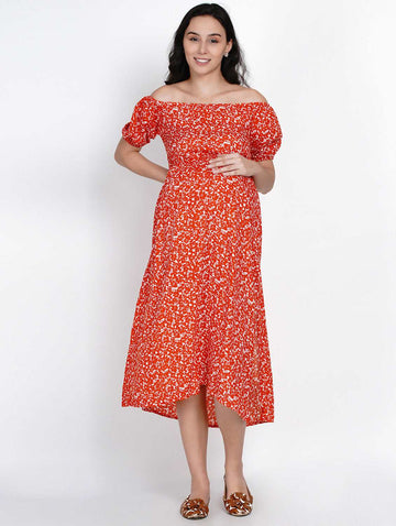 Side Knot by mine4nine Women's Maternity Orange   Sustainable Rayon Floral Print maternity Dress