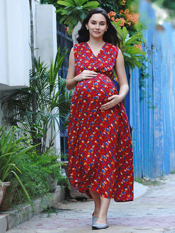 Side Knot by mine4nine Women's Maternity Red Sustainable Rayon Floral Print maternity Maxi Dress