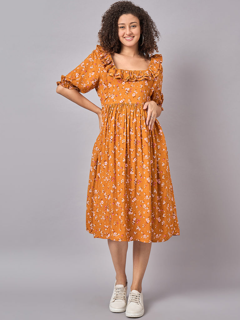 Mustard Floral Maternity and Nursing Dress with Square Neckline