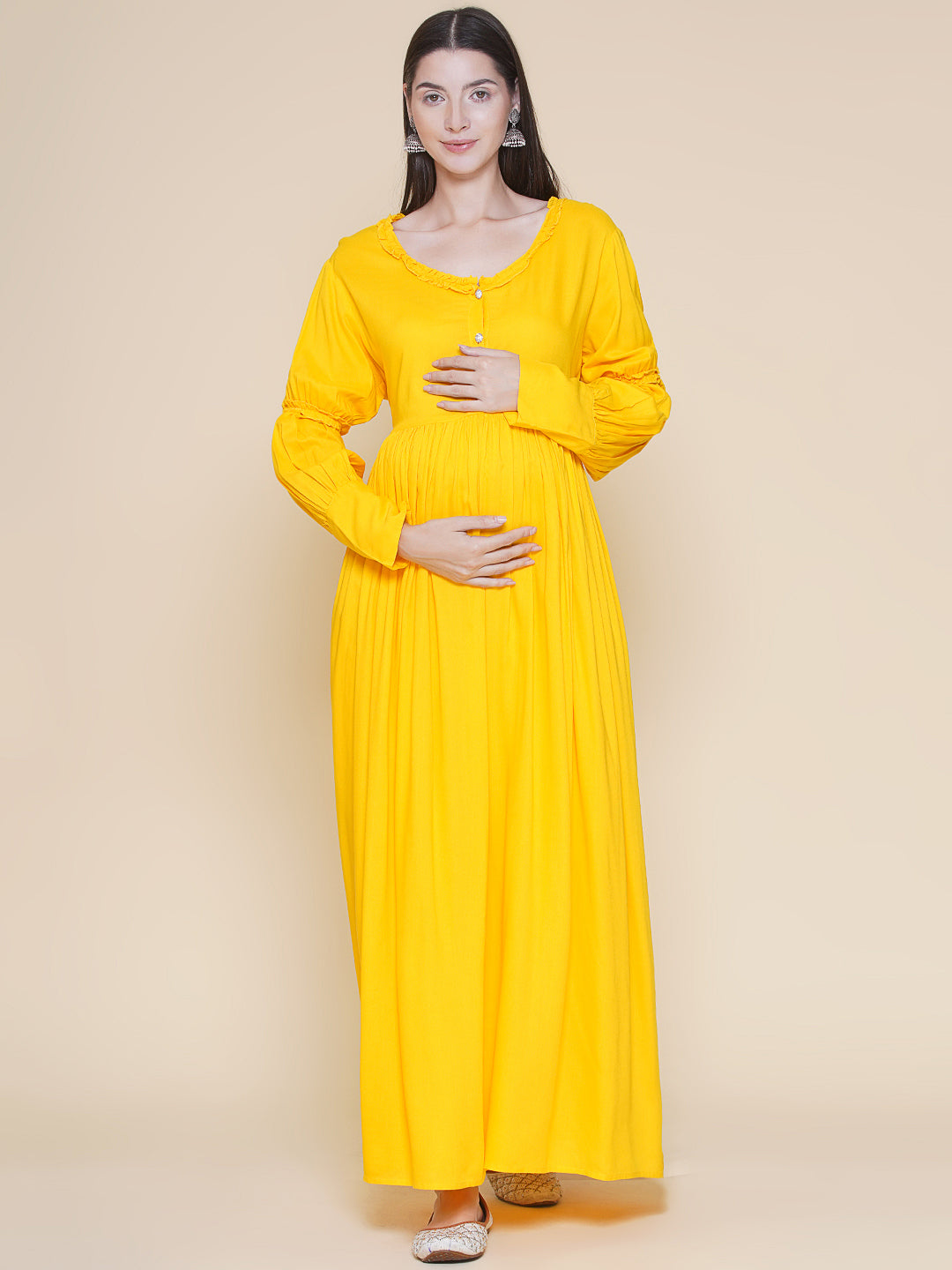 yellow long sleeve maternity dress Solid Yellow Maternity Maxi Babyshower Dress with Gathered Sleeves