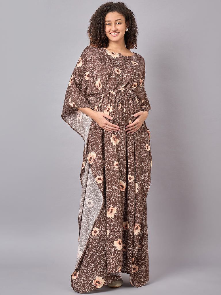 Brown Floral Printed Maternity & Nursing Long Kaftan Dress-  front 2