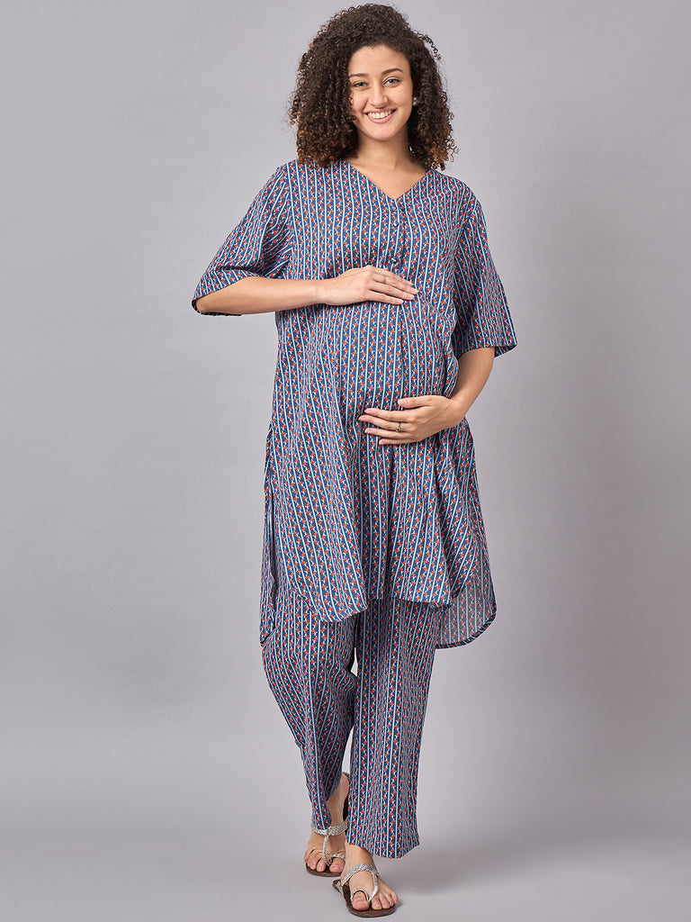 Multicoloured Printed Maternity & Nursing Kurta Set-front 1