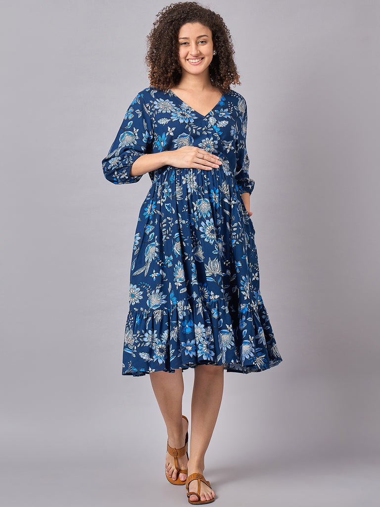 Blue Paisley Maternity and Nursing Dress- Front