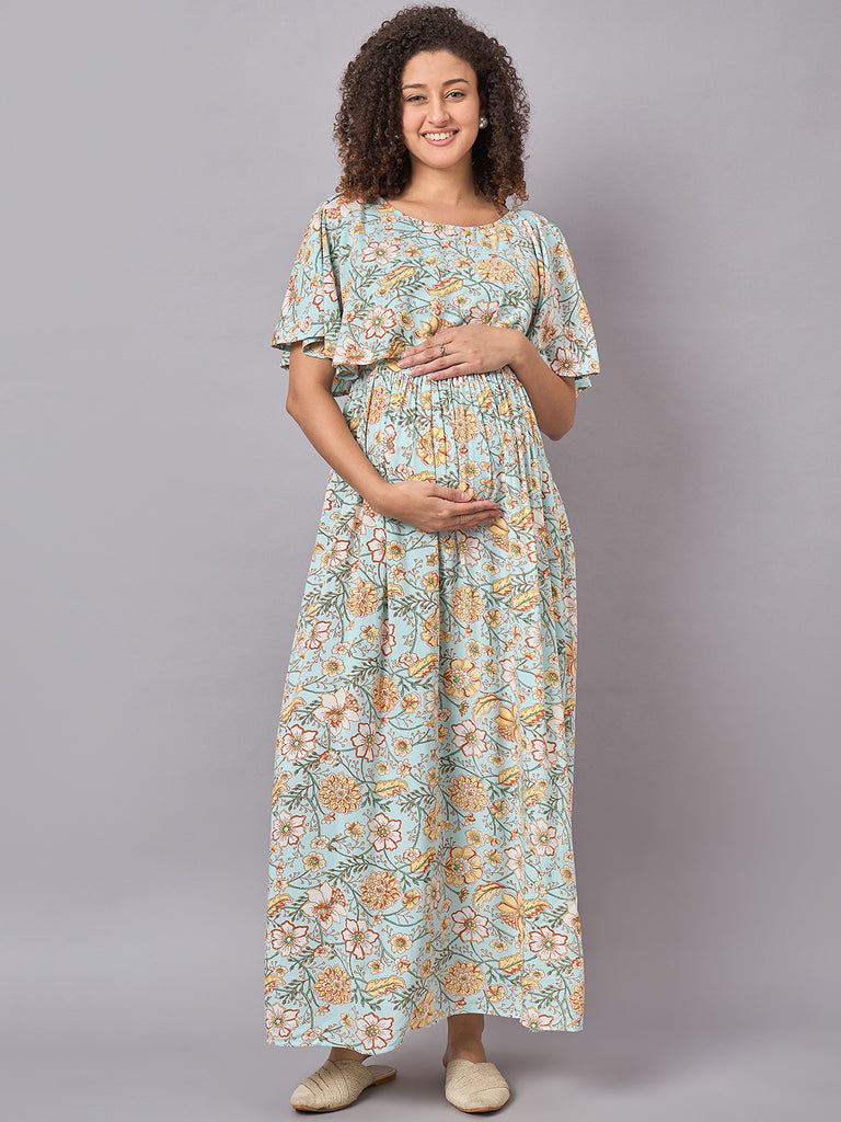 Sky Blue Floral Maternity and Nursing Maxi Dress- Front 3