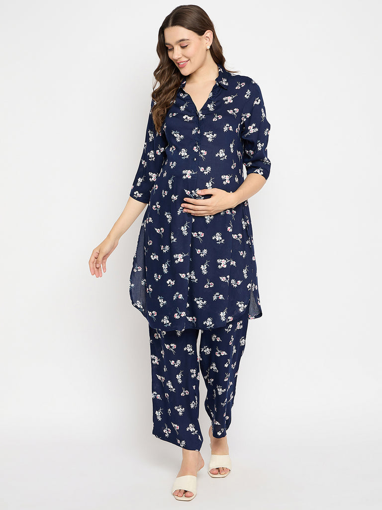 Navy Blue Color Shirt Collar Maternity & Nursing Kurta Set- Front 1