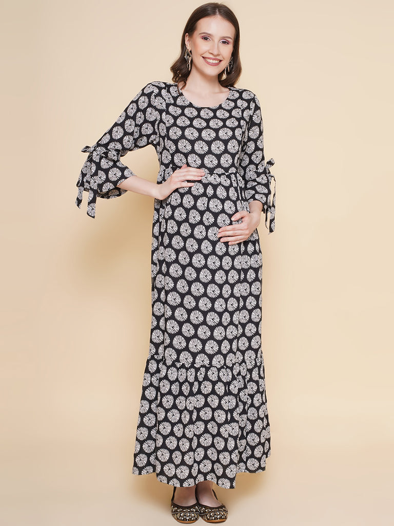 Black Floral Printed Maternity and Nursing Long Maxi Dress- Front 1