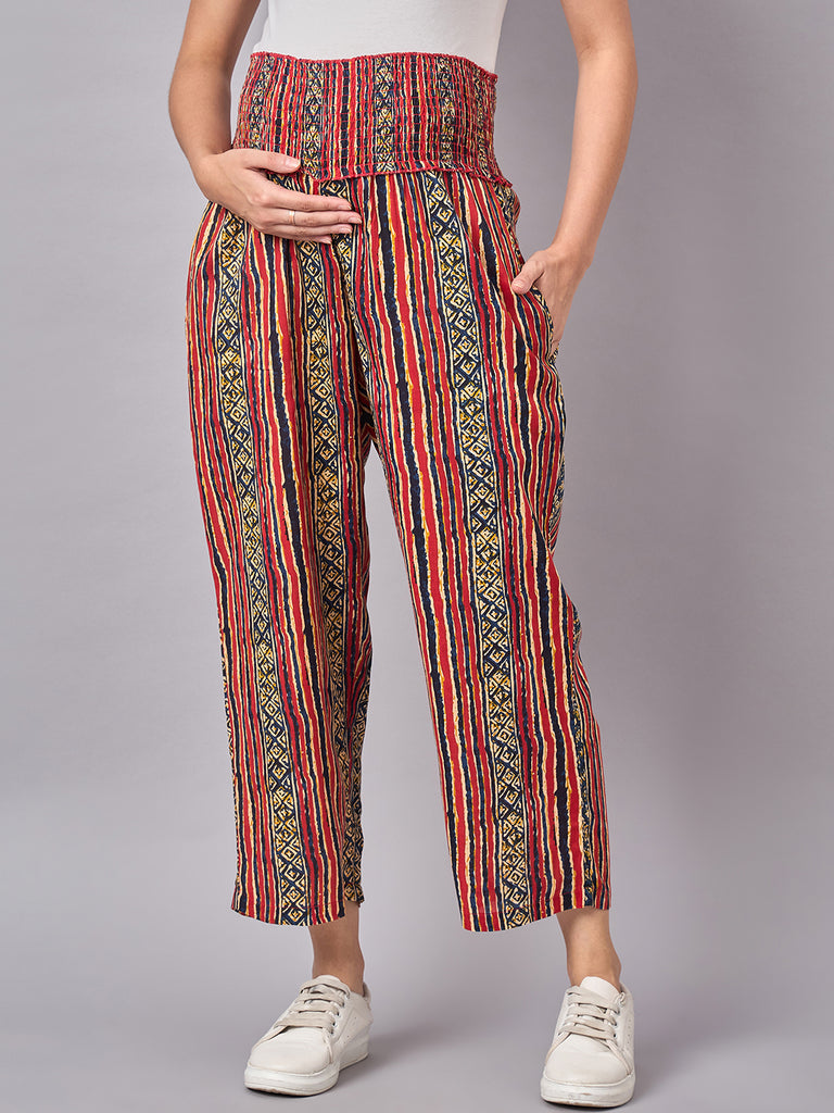 Red Stripe Printed Maternity Pants- Close up on pants
