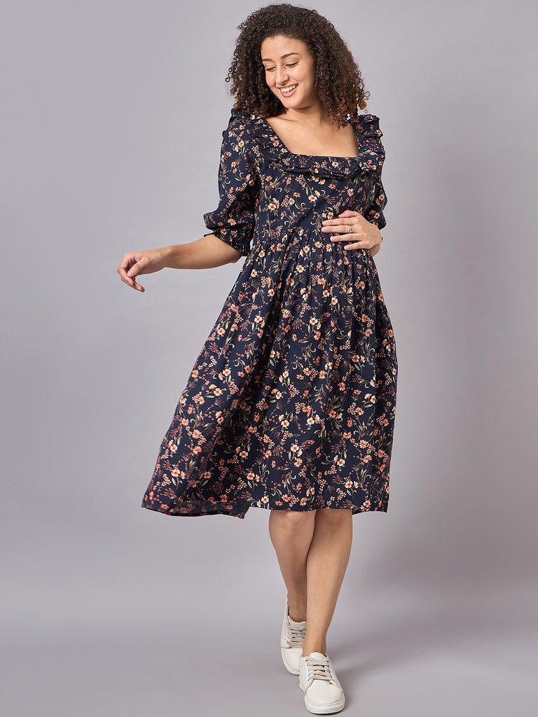 Blue Floral Maternity and Nursing Dress- Front view