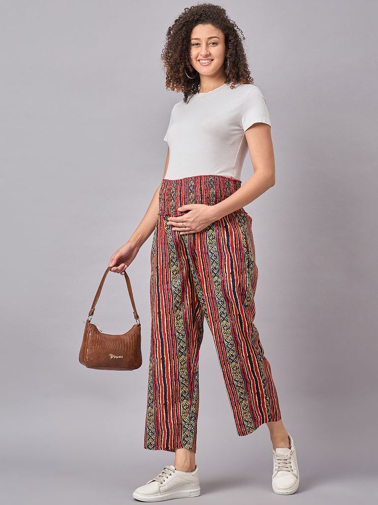 Red Stripe Printed Maternity Pants- Front