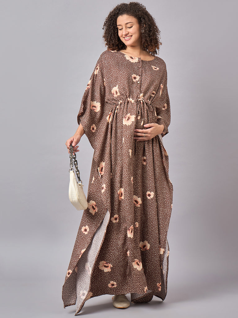 Brown Floral Printed Maternity & Nursing Long Kaftan Dress- front 3