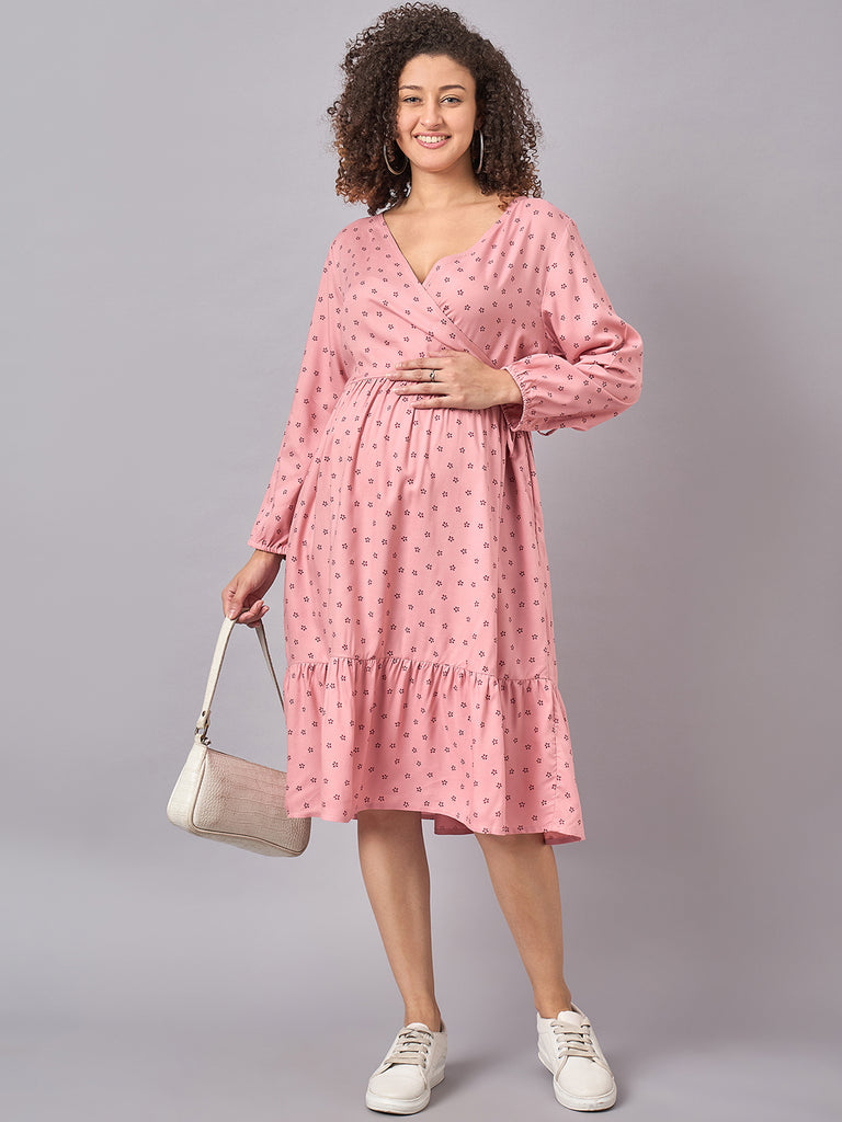 Pink Floral Printed Maternity and Nursing Dress