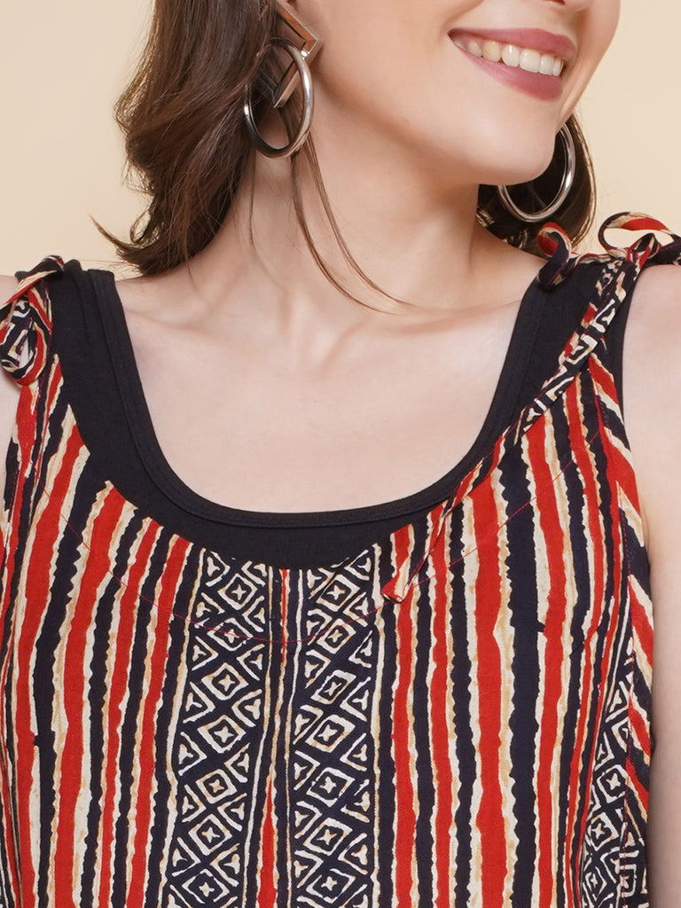 Stripe Printed Red Color Maternity Jumpsuit- close up