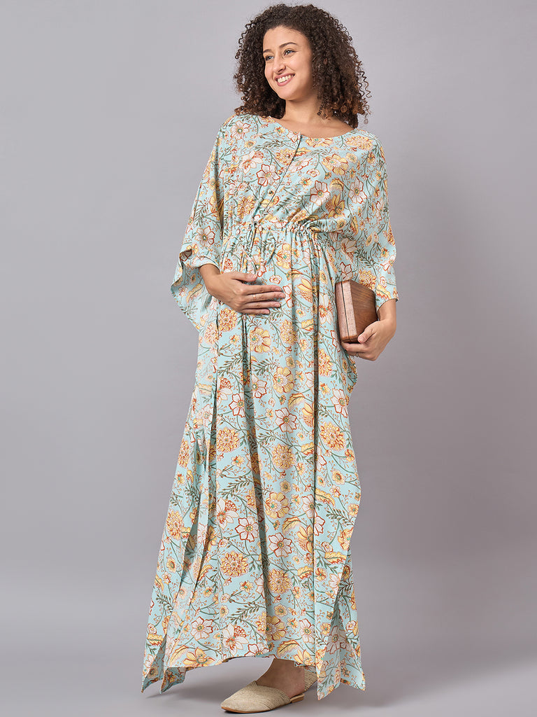 Sky blue Color Floral Printed Maternity & Nursing Long Kaftan Dress- side 1
