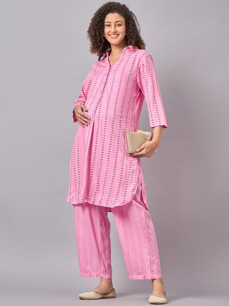 Women's Pink Color Shirt Collar Maternity & Nursing Kurta Set- Side 1