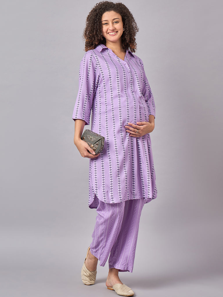 Purple Maternity & Nursing Kurta Set- Side 1