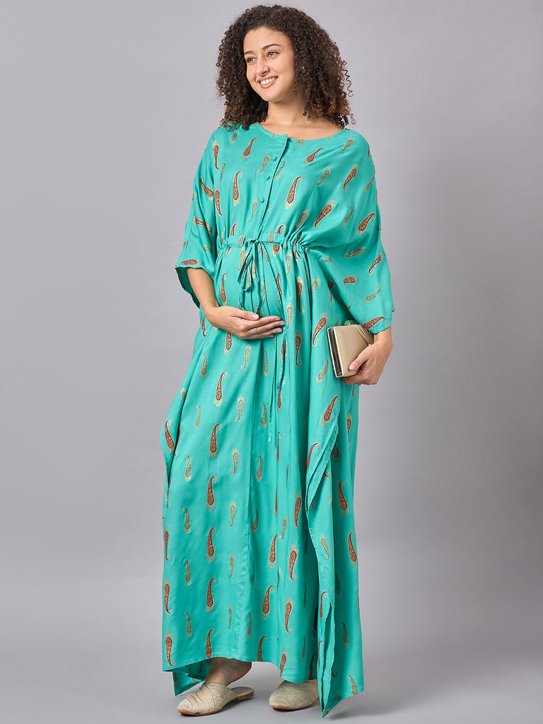 Blue-Green Color Printed Maternity & Nursing Long Kaftaan Dress- Side 1