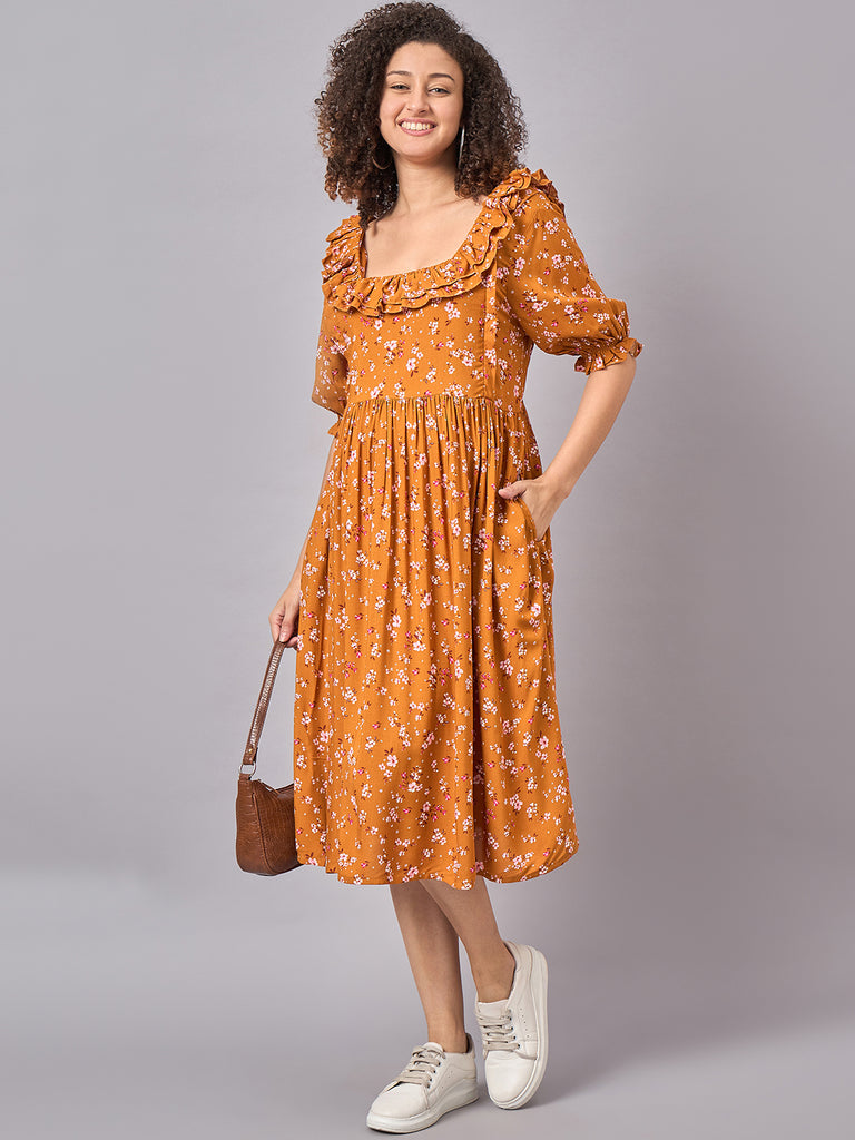 Mustard Floral Maternity and Nursing Dress- side view