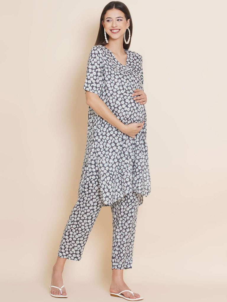 Women's Grey straight Rayon Maternity Kurta with Pajama Set