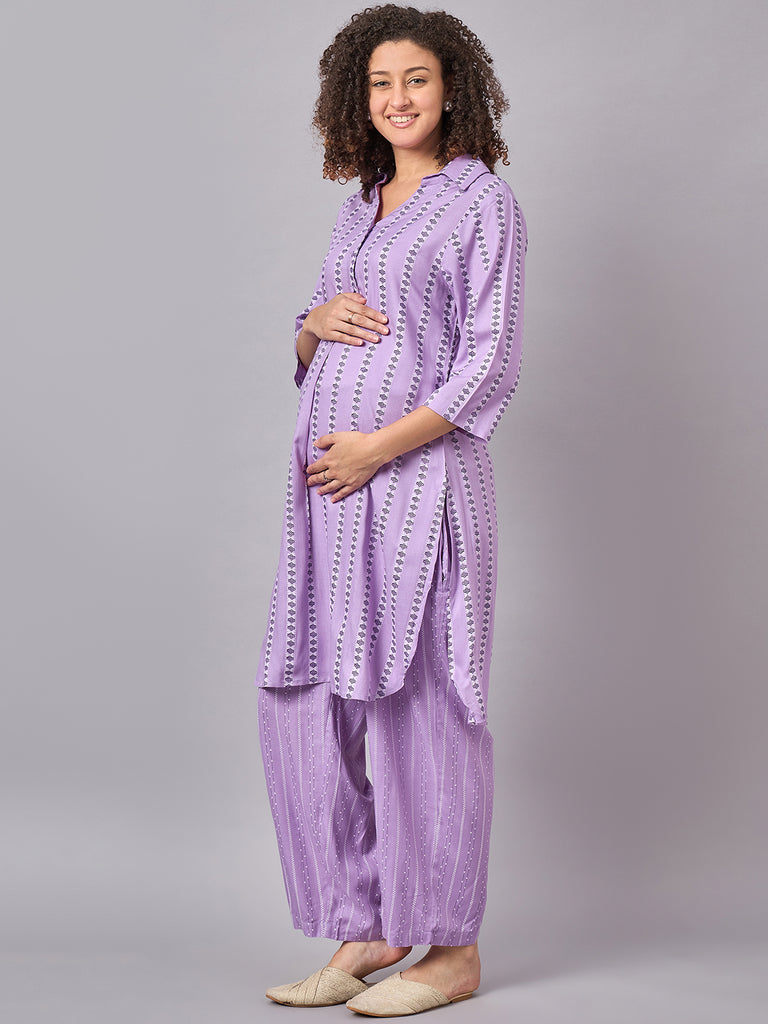 Purple Maternity & Nursing Kurta Set- Side 2