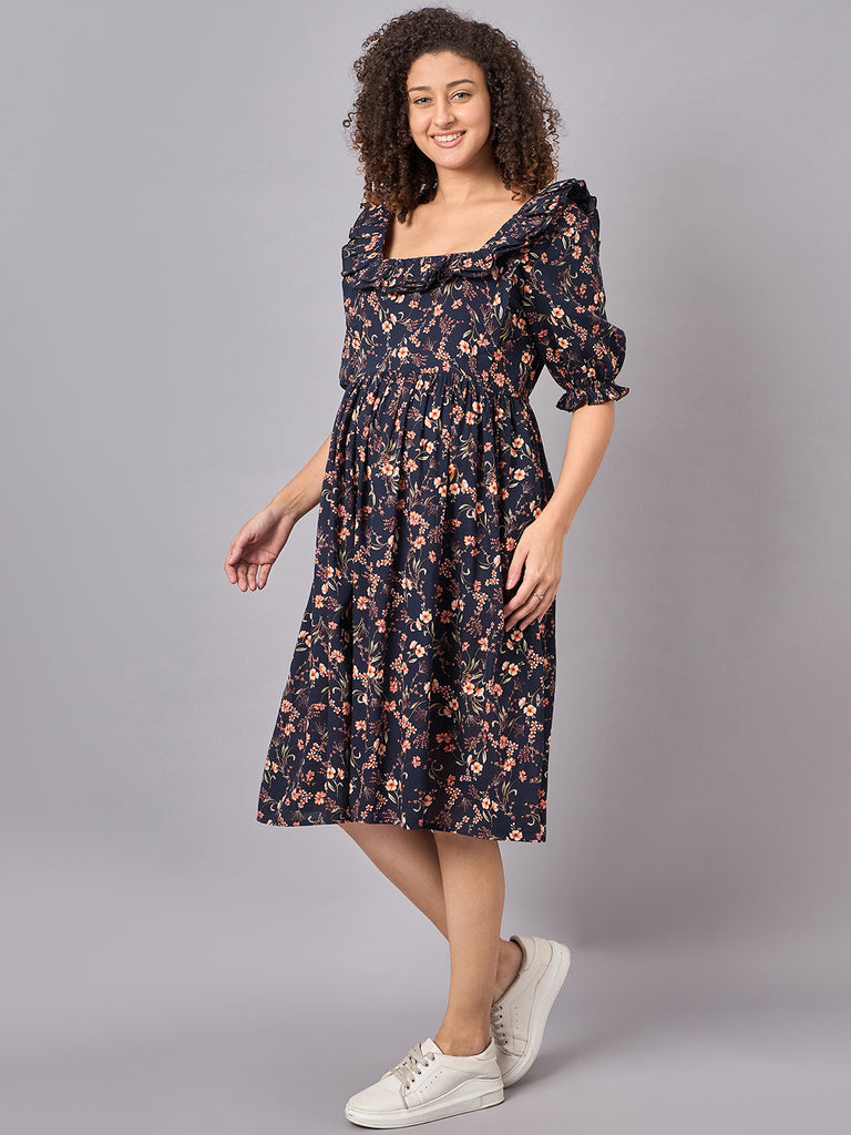 Blue Floral Maternity and Nursing Dress-Cross view