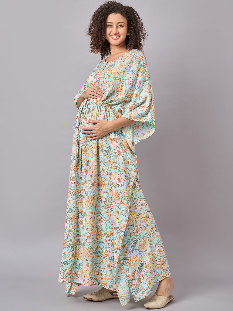 Sky blue Color Floral Printed Maternity & Nursing Long Kaftan Dress- side 2