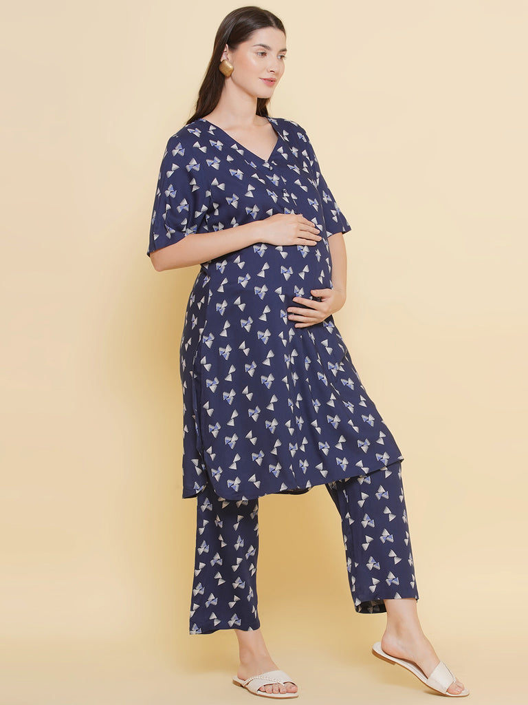 Blue Maternity and Nursing Kurta