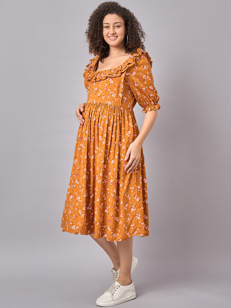 Mustard Floral Maternity and Nursing Dress with Square Neckline- Side View