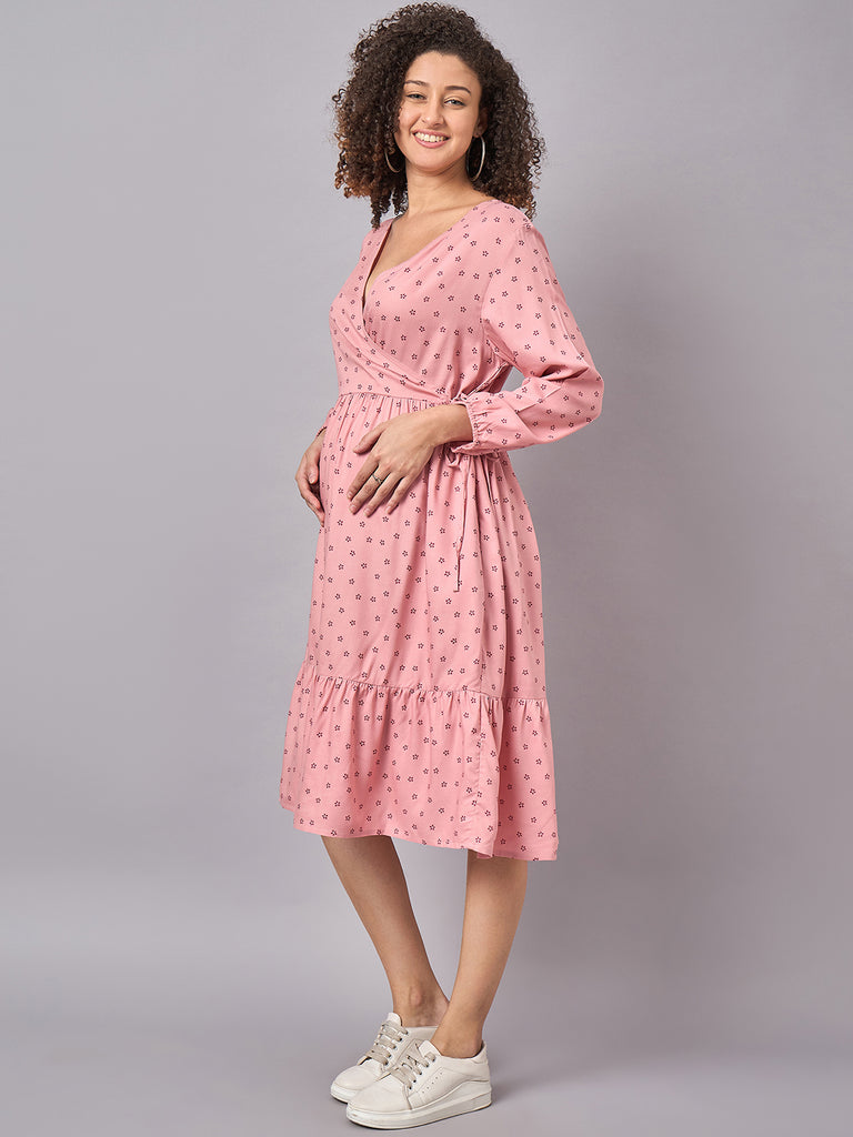 Side Profile- Pink Floral Printed Maternity and Nursing Dress