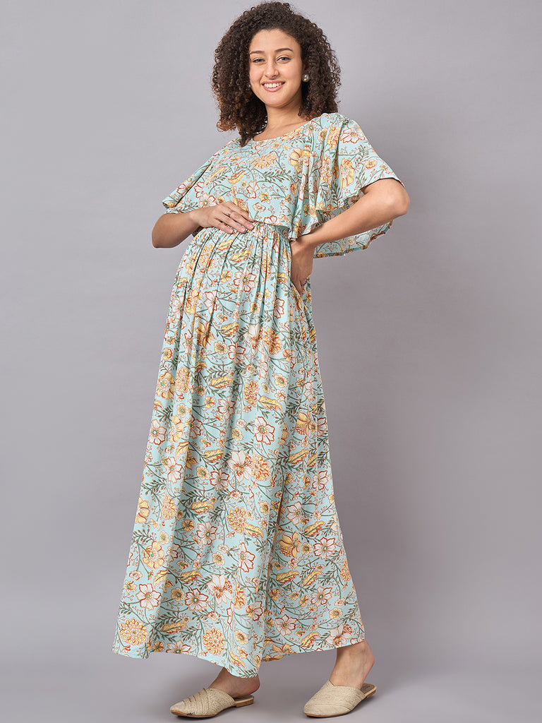 Sky Blue Floral Maternity and Nursing Maxi Dress- Front+Side