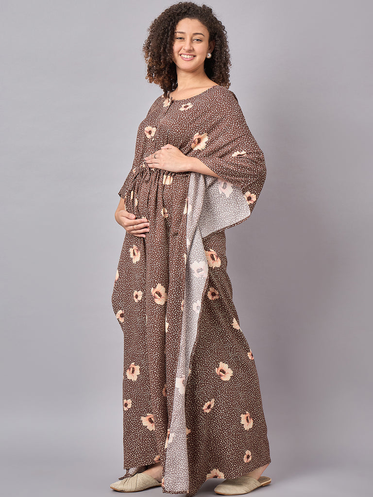 Brown Floral Printed Maternity & Nursing Long Kaftan Dress- side 1