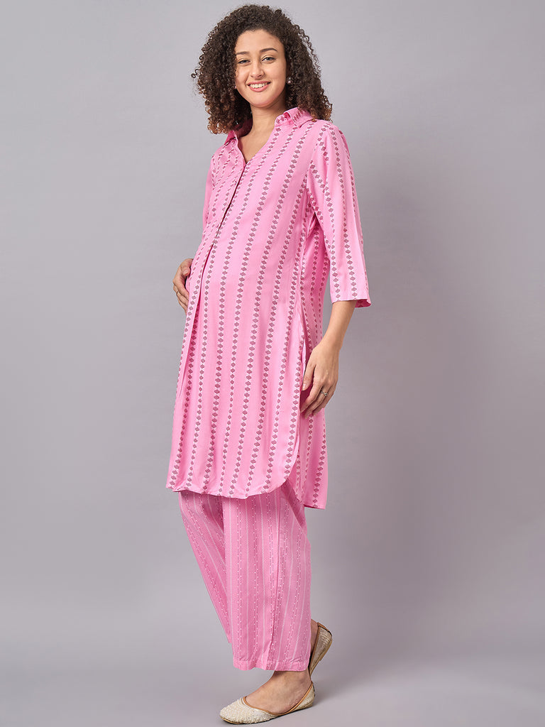 Women's Pink Color Shirt Collar Maternity & Nursing Kurta Set- Side 2