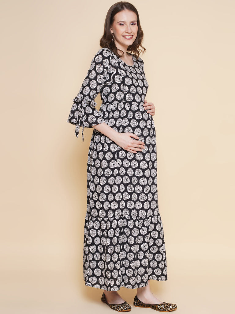 Black Floral Printed Maternity and Nursing Long Maxi Dress- Side Profile