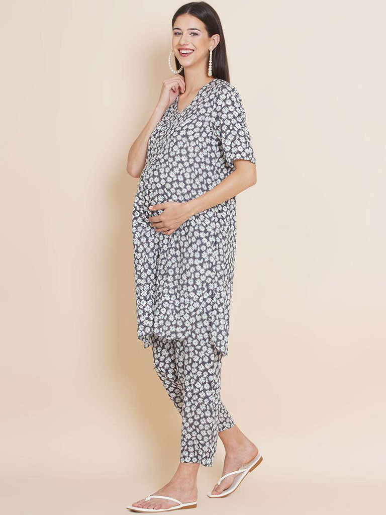 Women's Grey straight Rayon Maternity Kurta with Pajama Set