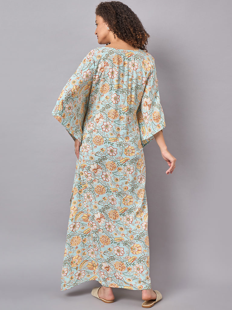 Sky blue Color Floral Printed Maternity & Nursing Long Kaftan Dress- back