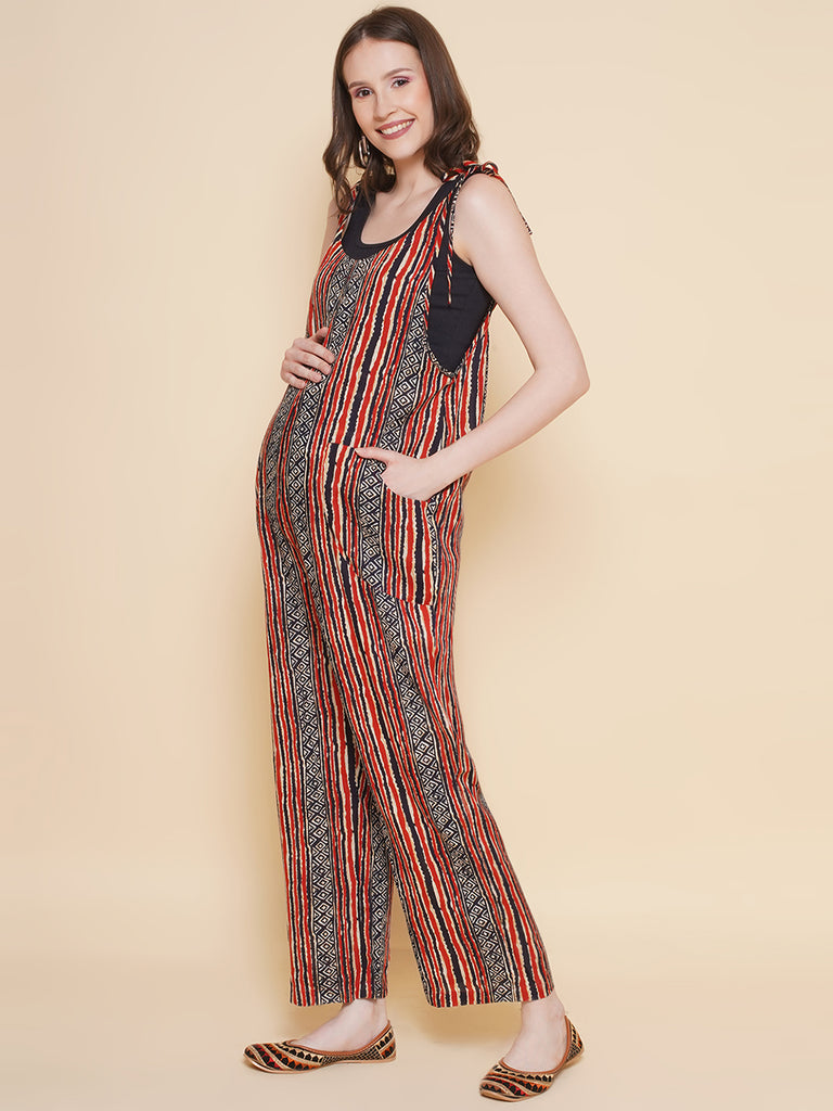 Stripe Printed Red Color Maternity Jumpsuit- side profile 2