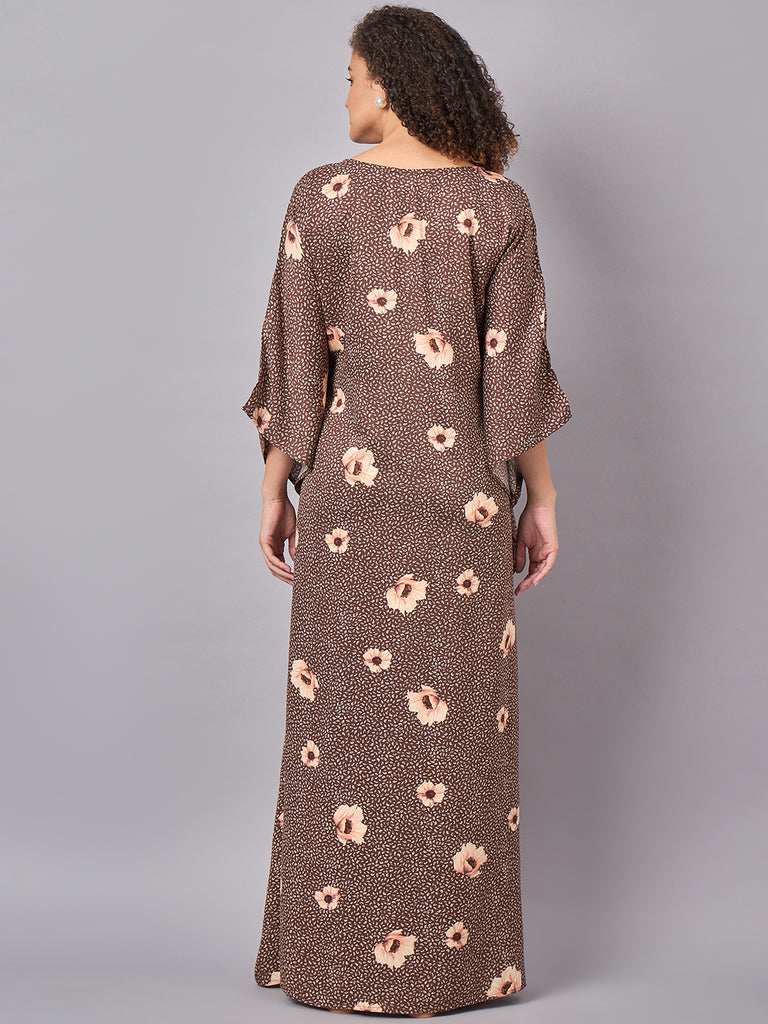 Brown Floral Printed Maternity & Nursing Long Kaftan Dress- back