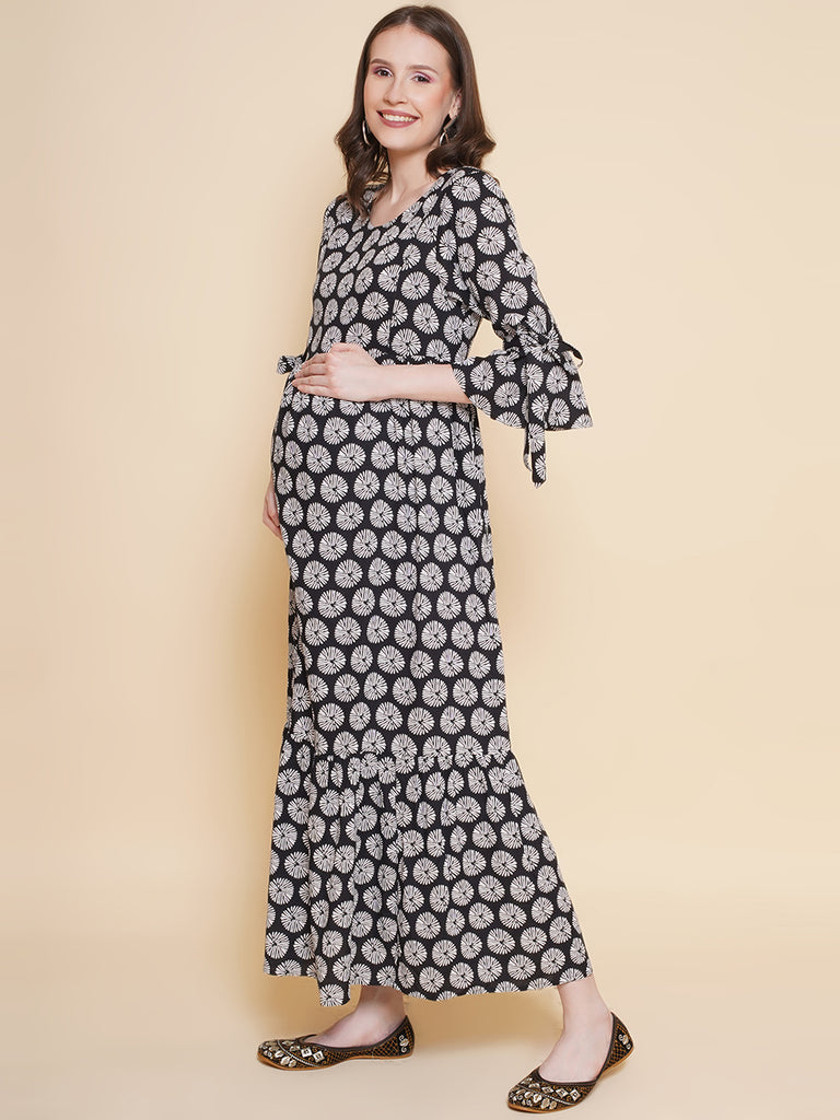 Black Floral Printed Maternity and Nursing Long Maxi Dress
