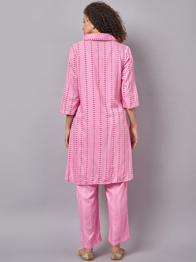Women's Pink Color Shirt Collar Maternity & Nursing Kurta Set- Back