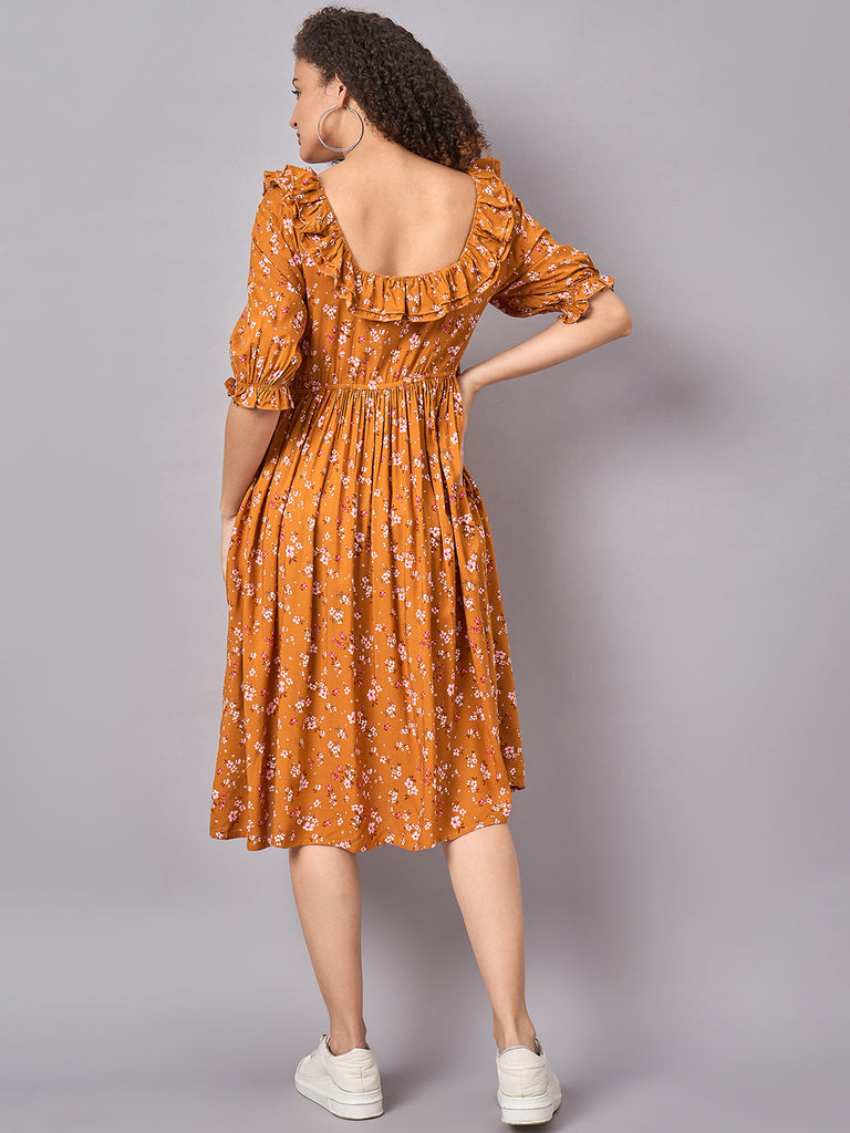 Mustard Floral Maternity and Nursing Dress- Back View