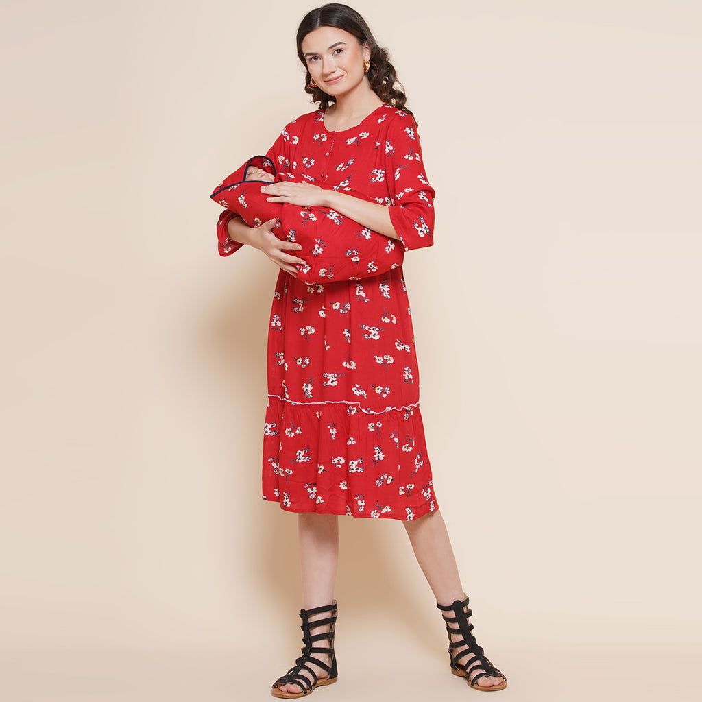 Red floral Maxi Maternity dress for Mom & Matching Baby Wrapper set