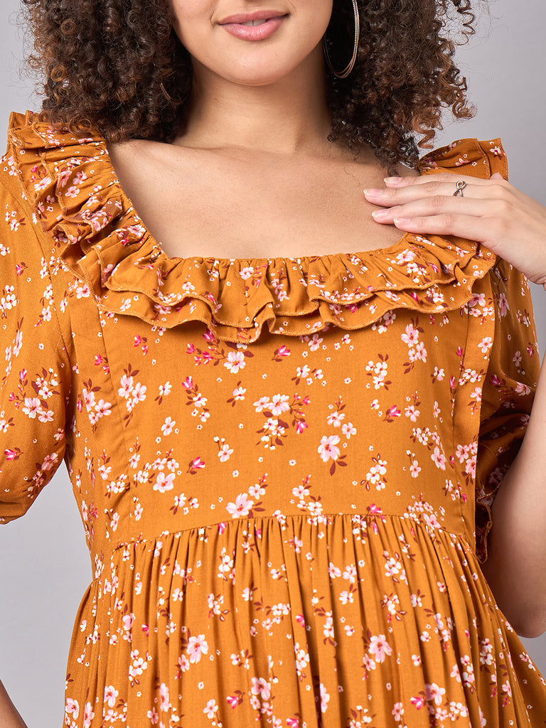 Mustard Floral Maternity and Nursing Dress- close up on the neck line