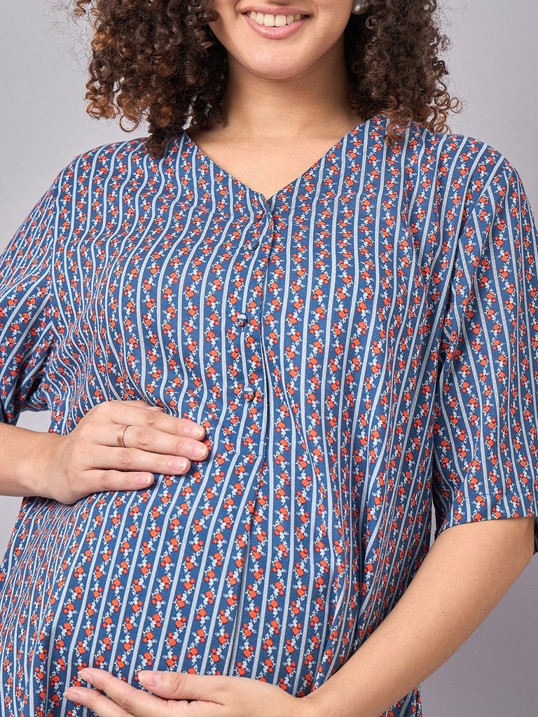 Multicoloured Printed Maternity & Nursing Kurta Set- close up 1