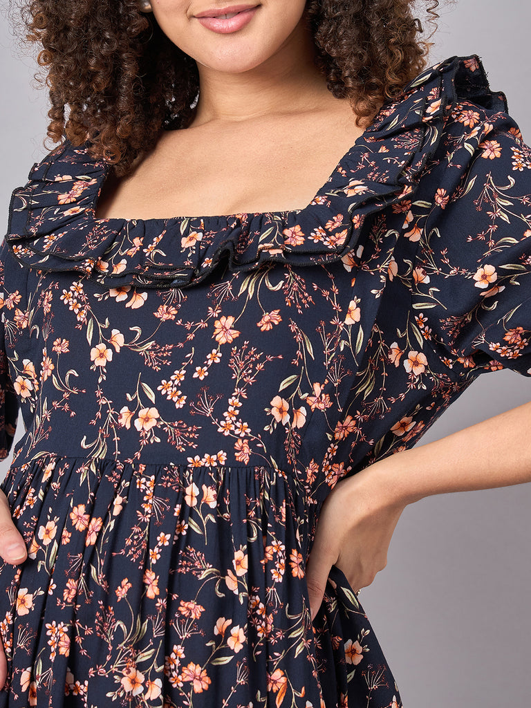 Blue Floral Maternity and Nursing Dress- Close up on torso